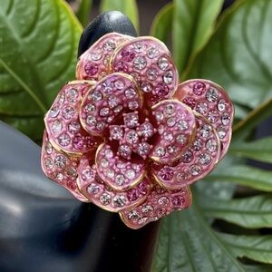Vintage Joan Rivers Pave Pink Glam Rose Ring With Swarovski Crystal Stones SZ 6